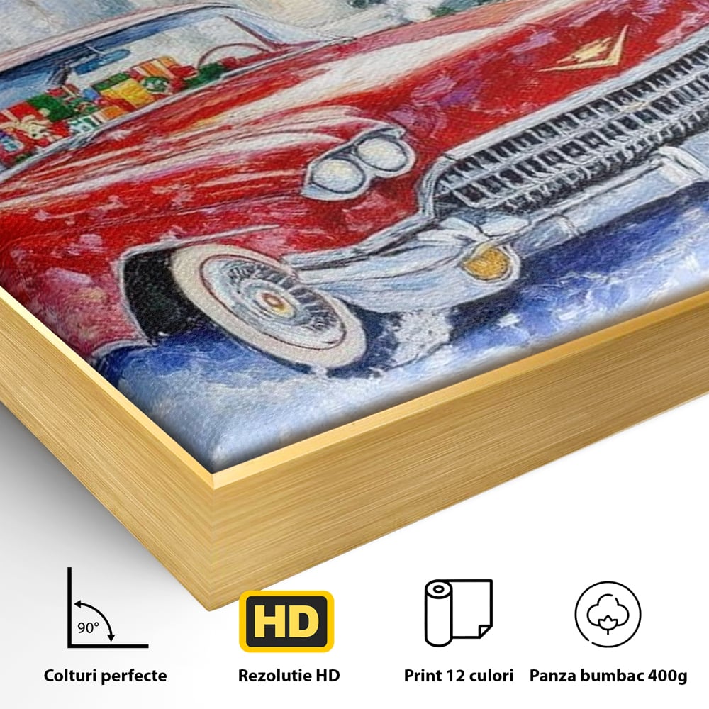 Detaliu al suprafetei: tablou canvas cu masina vintage rosie iarna, in rama de aluminiu auriu